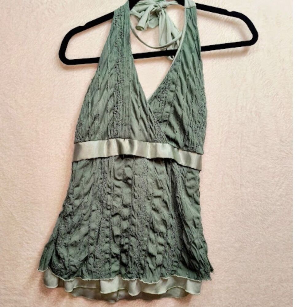 VTG Vanity Y2K Fairy Sequin Sage Green Crinkle Satin Trim Halter Top Size M